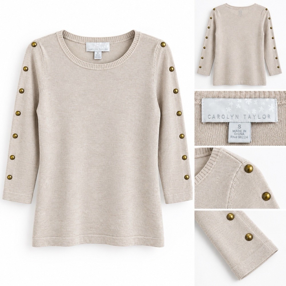 Carolyn Taylor Womens Small Beige Sweater Gold Stud Sleeve Crew Neck Pullover